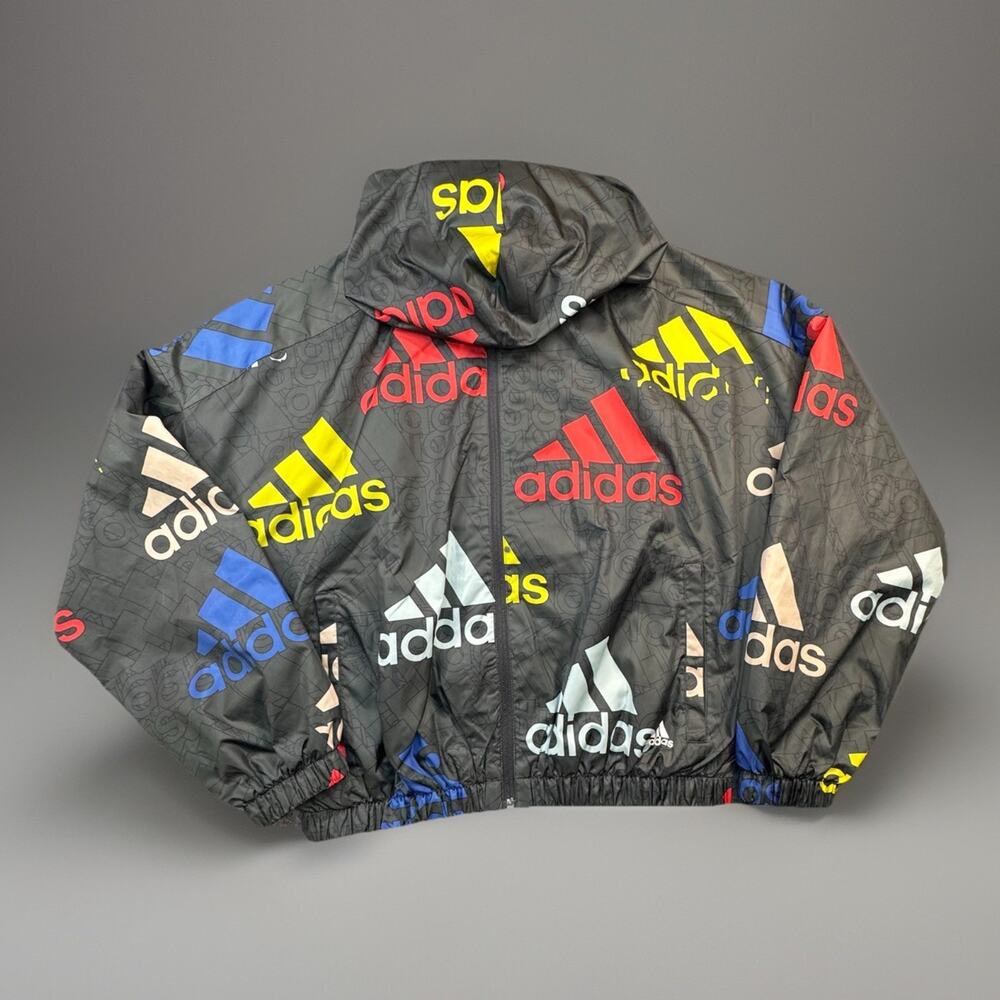 Adidas All Over Logo Print Windbreaker Jacket Hooded Black Medium AOP -570
